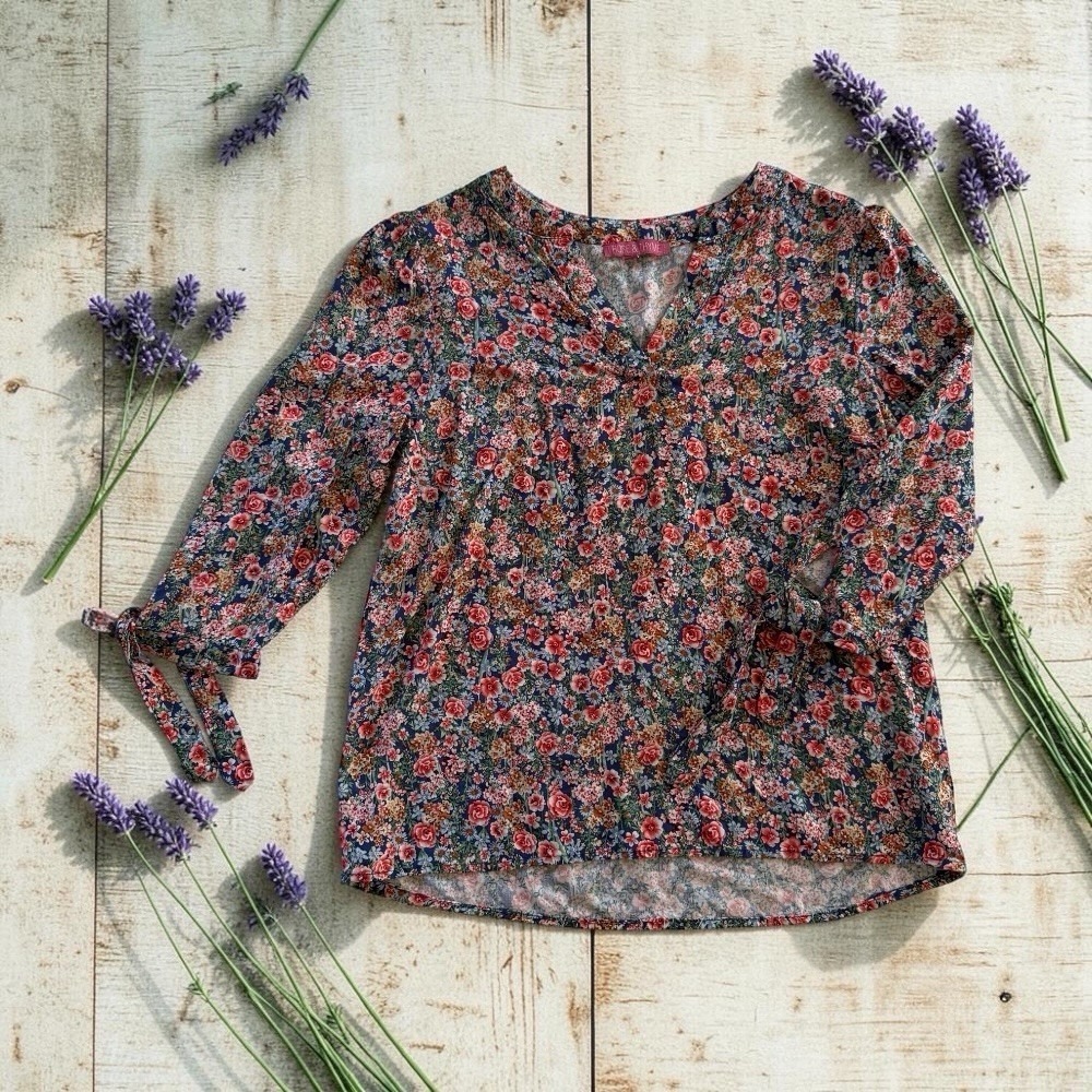 Rose & Thyme Floral Blouse 3/4 Tie Sleeve Split V-Neck Womens S Boho Cottage